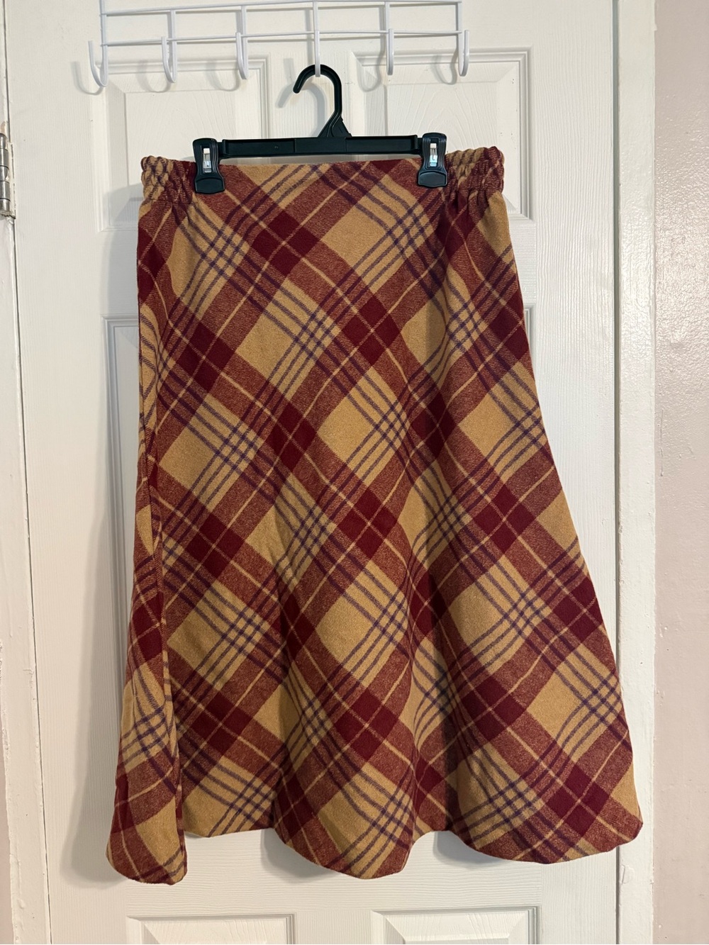 Plaid A-Line Midi Skirt in Burgundy and Tan